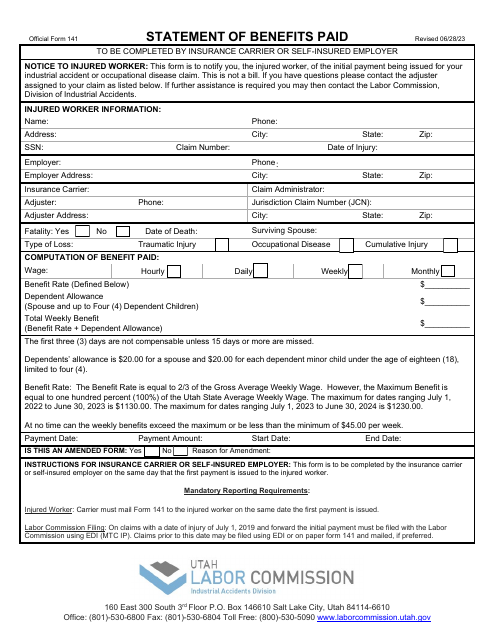 Official Form 141 Statement of Benefits Paid - Utah