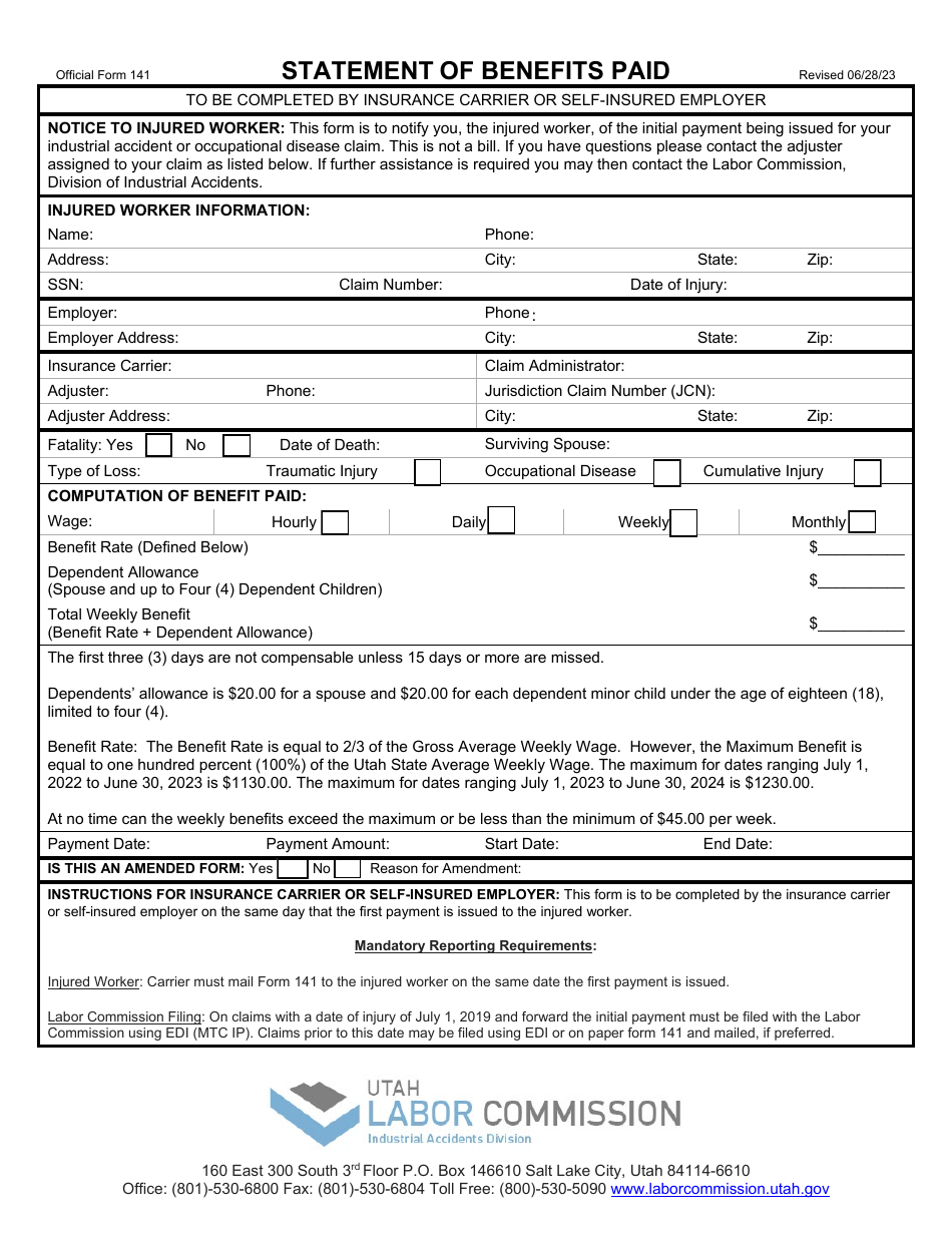 Official Form 141 Statement of Benefits Paid - Utah, Page 1