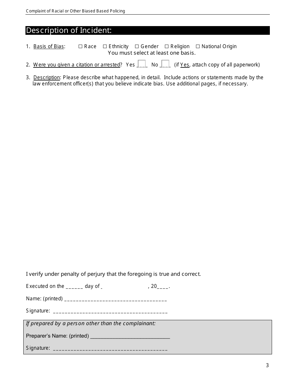 Racial and Bias-Based Policing Complaint Form - Kansas, Page 3