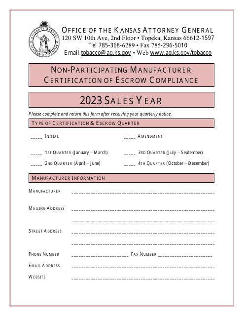 Non-participating Manufacturer Certification of Escrow Compliance - Kansas, 2023