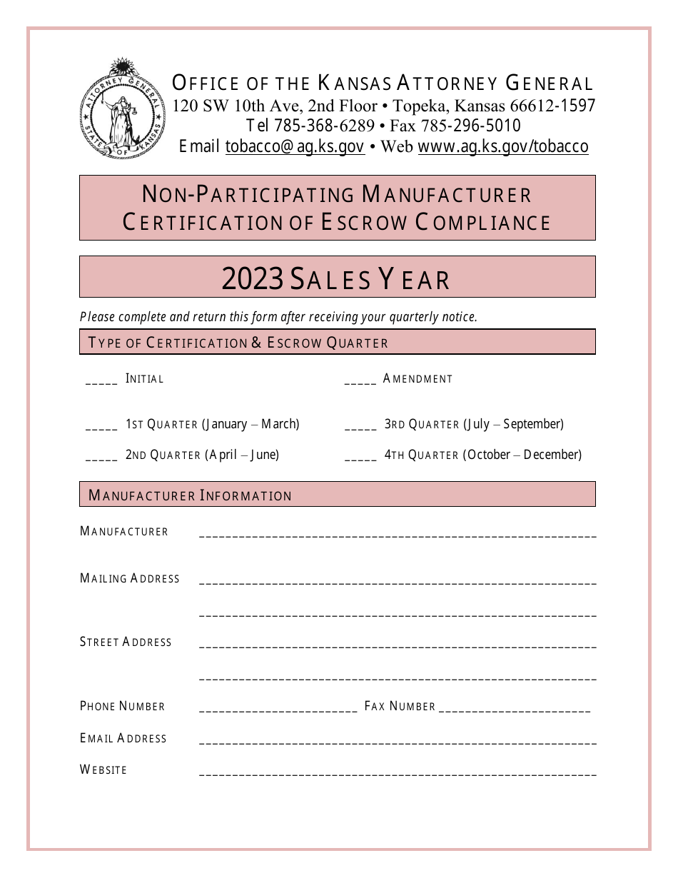 Non-participating Manufacturer Certification of Escrow Compliance - Kansas, Page 1