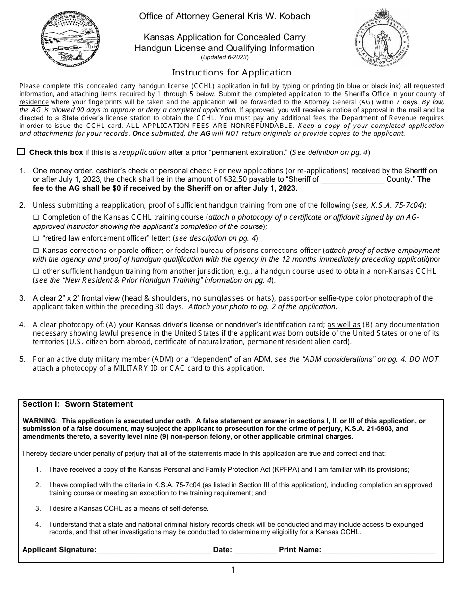 Kansas Application for Concealed Carry Handgun License and Qualifying Information - Kansas, Page 1