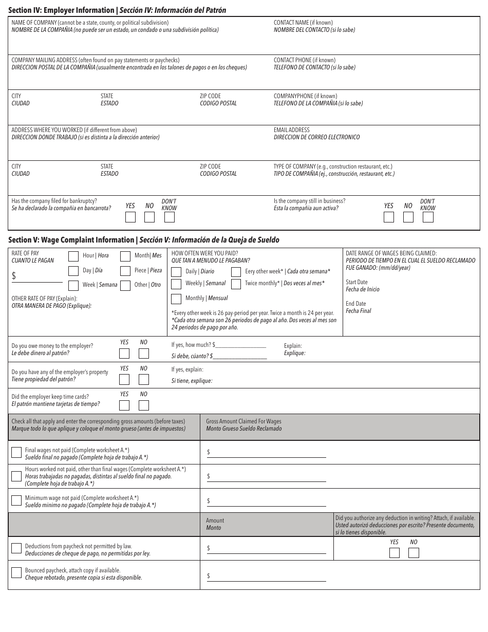 Wage Claim Questionnaire - Utah (English / Spanish), Page 3