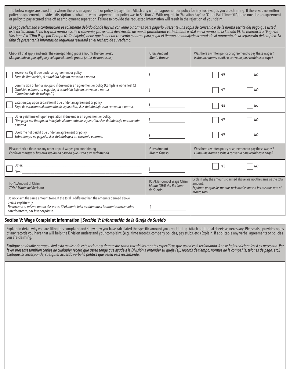 Wage Claim Questionnaire - Utah (English / Spanish), Page 4