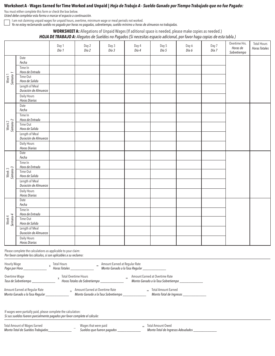 Wage Claim Questionnaire - Utah (English / Spanish), Page 5