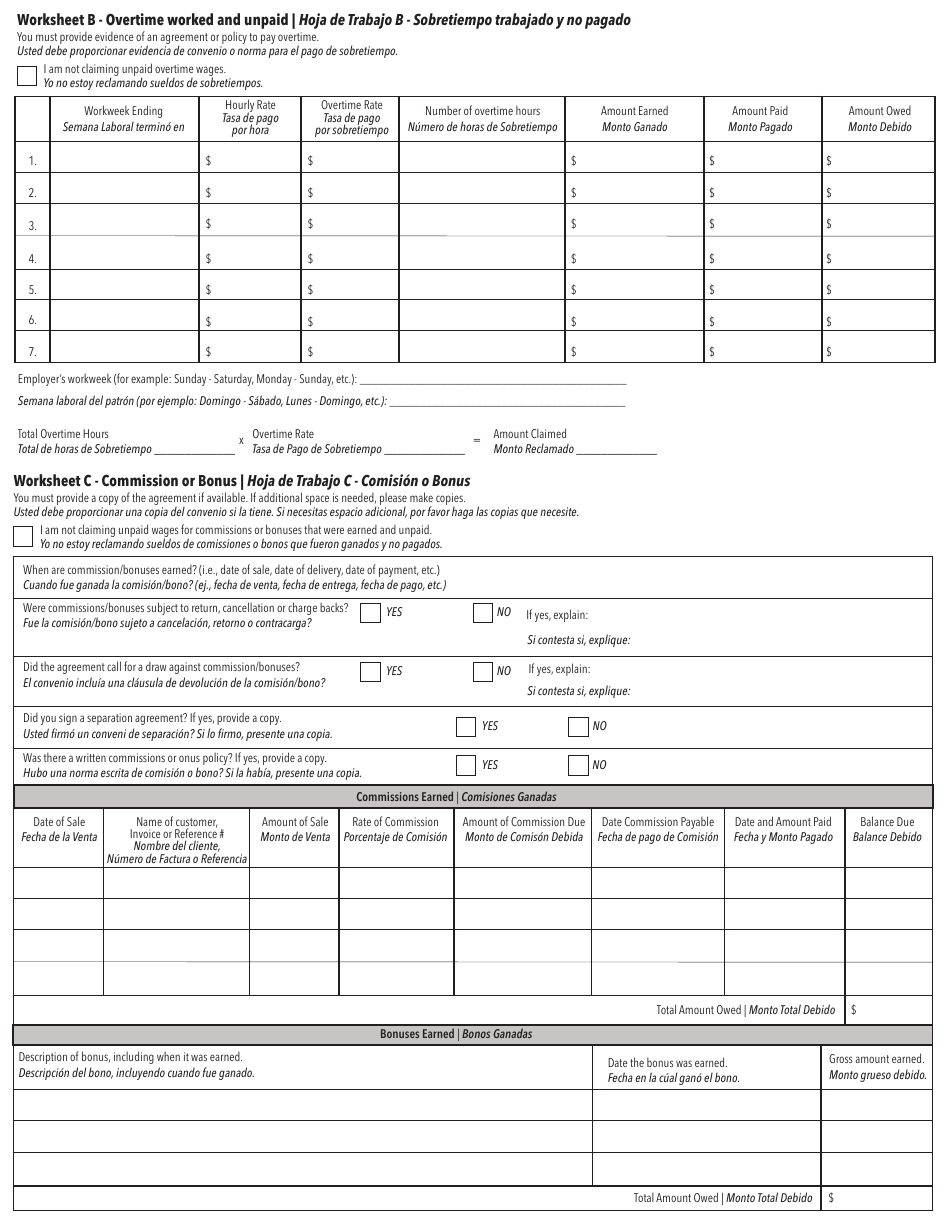Wage Claim Questionnaire - Utah (English / Spanish), Page 6