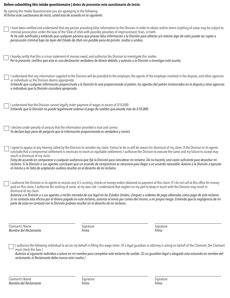 Wage Claim Questionnaire - Utah (English / Spanish), Page 7