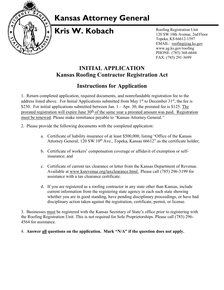 Kansas Initial Application for Roofing Contractor Registration Fill