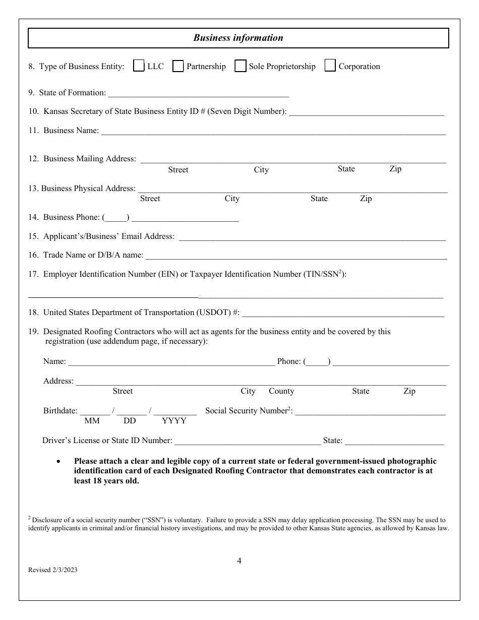 Initial Application for Roofing Contractor Registration - Kansas, Page 4