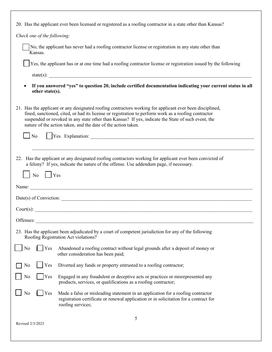Initial Application for Roofing Contractor Registration - Kansas, Page 5