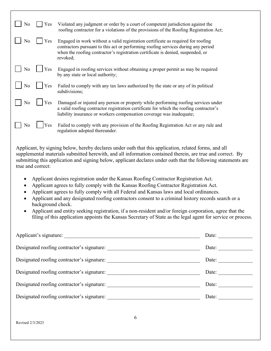Initial Application for Roofing Contractor Registration - Kansas, Page 6