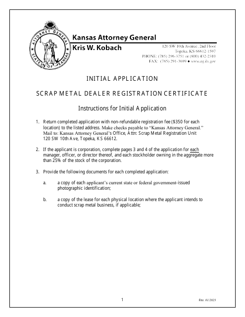 Initial Application for Scrap Metal Dealer Registration - Kansas Download Pdf