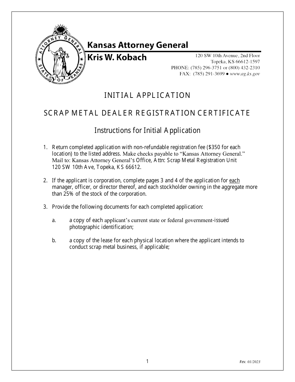 Initial Application for Scrap Metal Dealer Registration - Kansas, Page 1