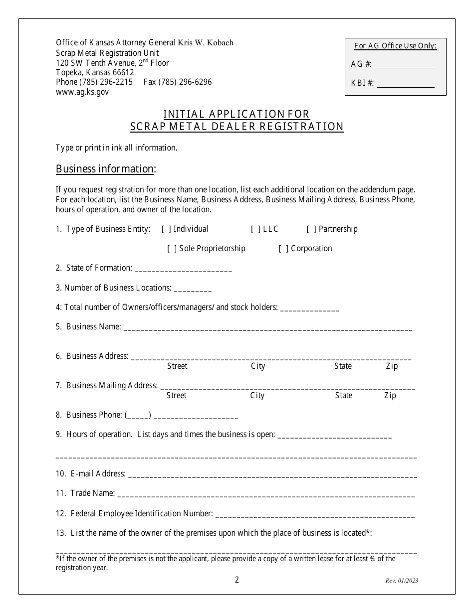 Initial Application for Scrap Metal Dealer Registration - Kansas, Page 2