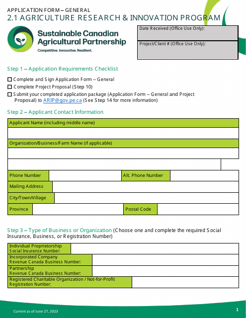 Application Form - Agriculture Research & Innovation Program - Prince Edward Island, Canada Download Pdf