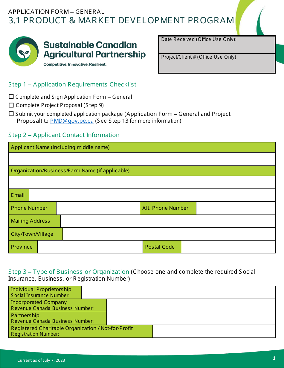 Application Form - Product  Market Development Program - Prince Edward Island, Canada, Page 1