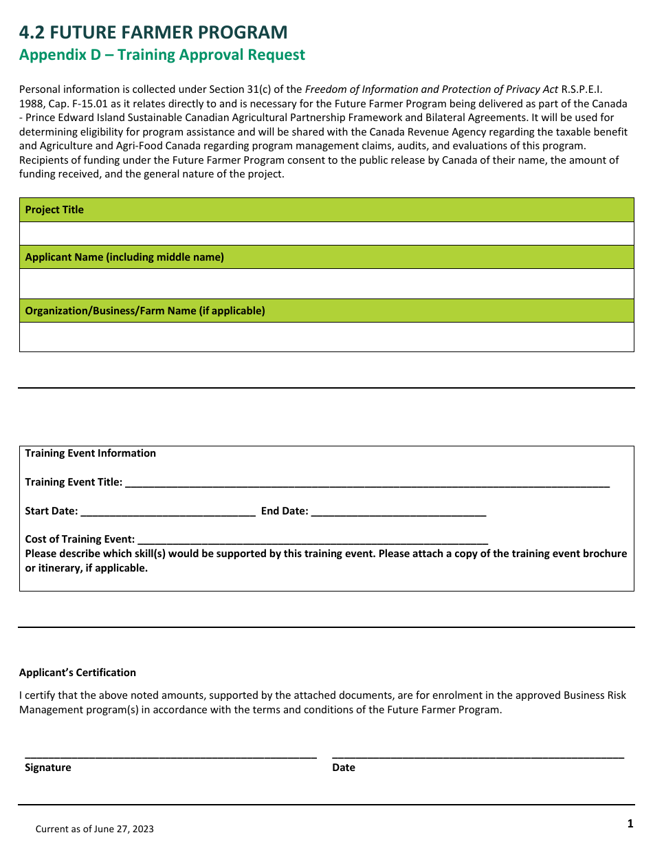 Appendix D Training Approval Request - Future Farmer Program - Prince Edward Island, Canada, Page 1