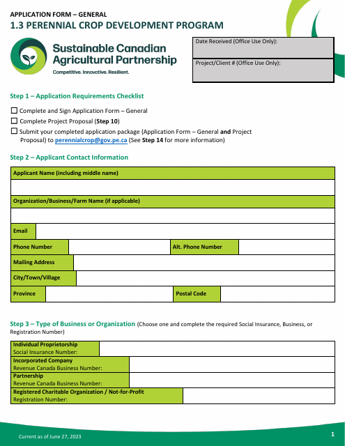 Application Form - Perennial Crop Development Program - Prince Edward Island, Canada Download Pdf