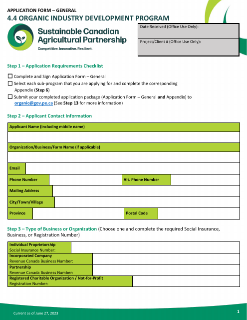 Application Form - Organic Industry Development Program - Prince Edward Island, Canada