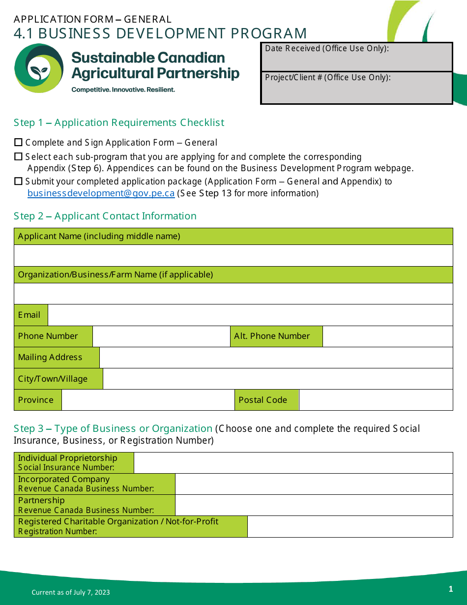 Application Form - Business Development Program - Prince Edward Island, Canada, Page 1