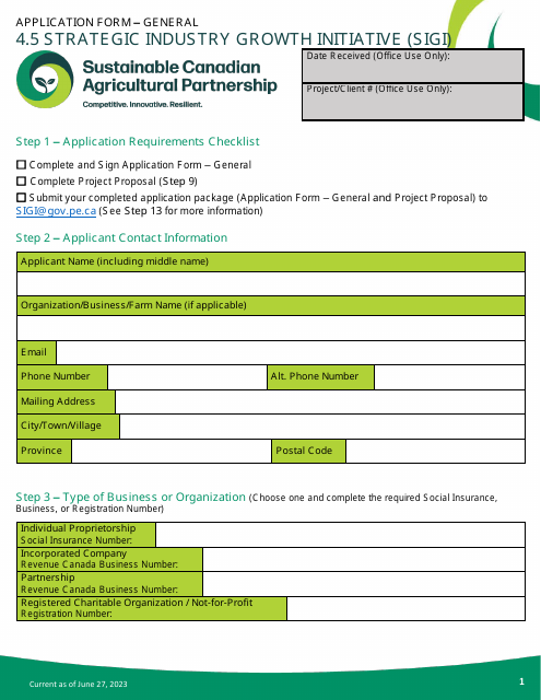 Application Form - Strategic Industry Growth Initiative (Sigi) - Prince Edward Island, Canada Download Pdf