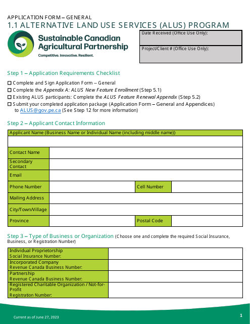 Application Form - Alternative Land Use Services (Alus) Program - Prince Edward Island, Canada Download Pdf