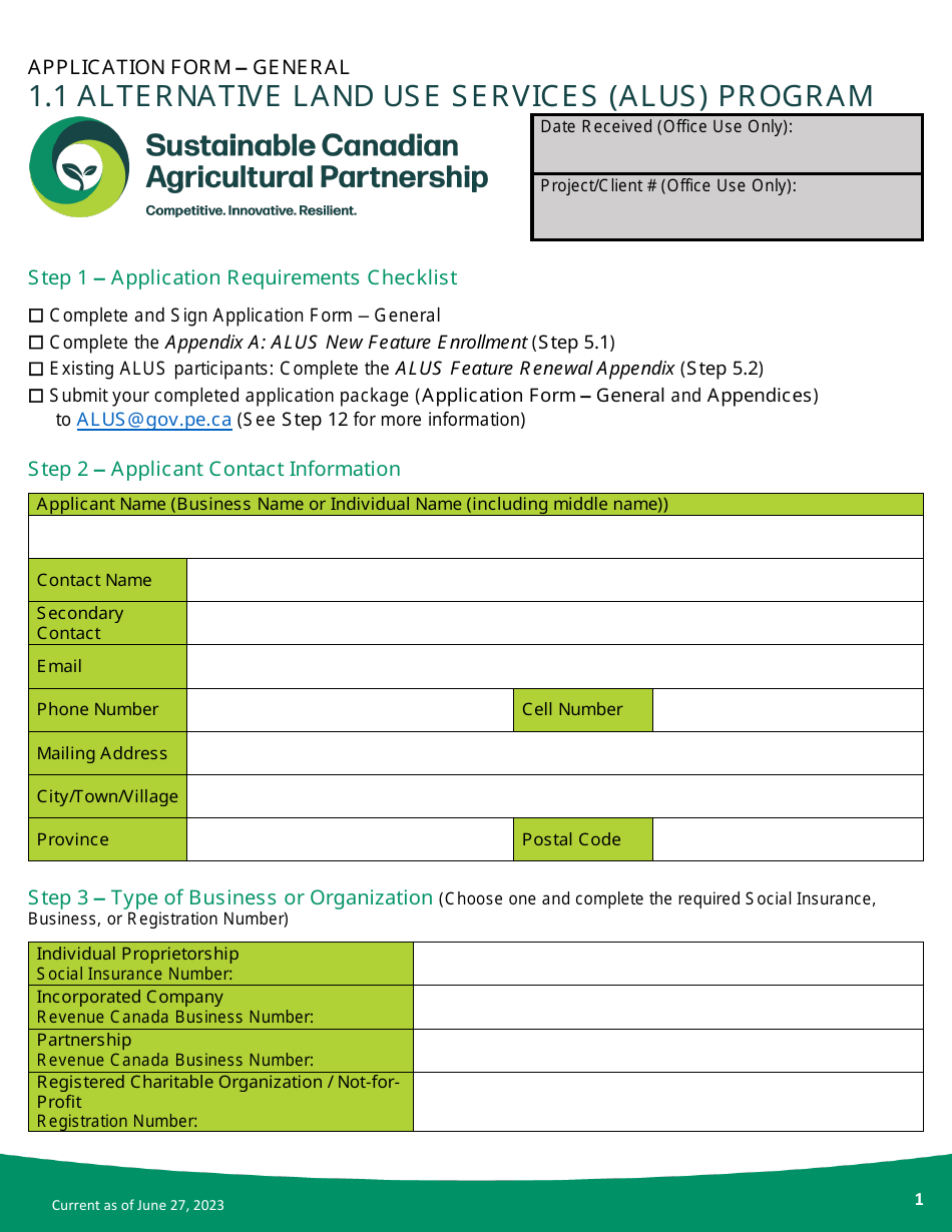 Application Form - Alternative Land Use Services (Alus) Program - Prince Edward Island, Canada, Page 1