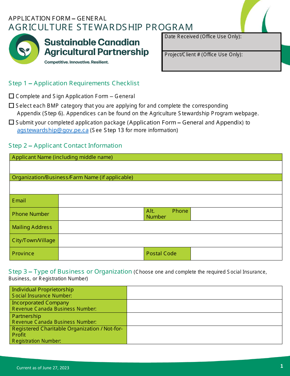 Application Form - Agriculture Stewardship Program - Prince Edward Island, Canada, Page 1