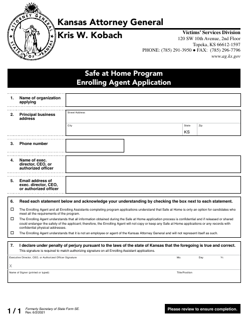 Enrolling Agent Application - Safe at Home Program - Kansas Download Pdf