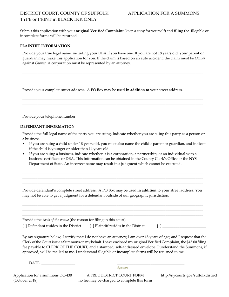 Form DC-430 Application for a Summons - County of Suffolk, New York, Page 1