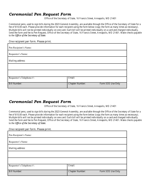 Ceremonial Pen Request Form - Maryland, 2023