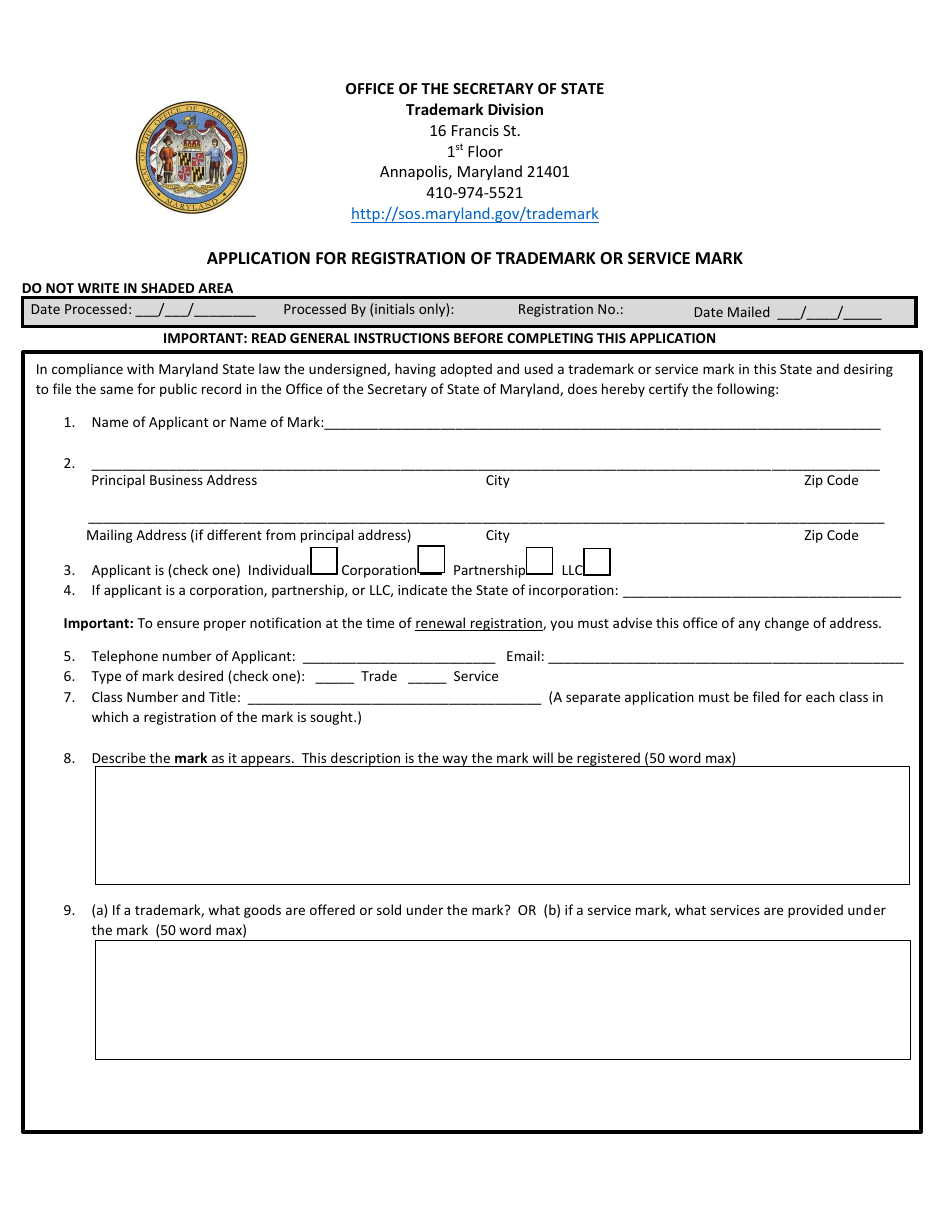 SOS Form TMAPP Application for Registration of Trademark or Service Mark - Maryland, Page 1