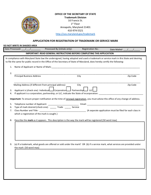 SOS Form TMAPP Application for Registration of Trademark or Service Mark - Maryland