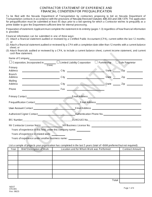 NDOT Form 070-005  Printable Pdf