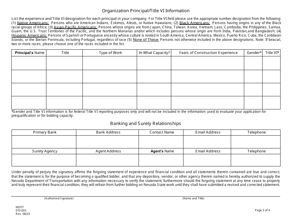 NDOT Form 070 005 Download Fillable PDF or Fill Online Contractor NDOT Form 070 005 Download Fillable PDF or Fill Online Contractor