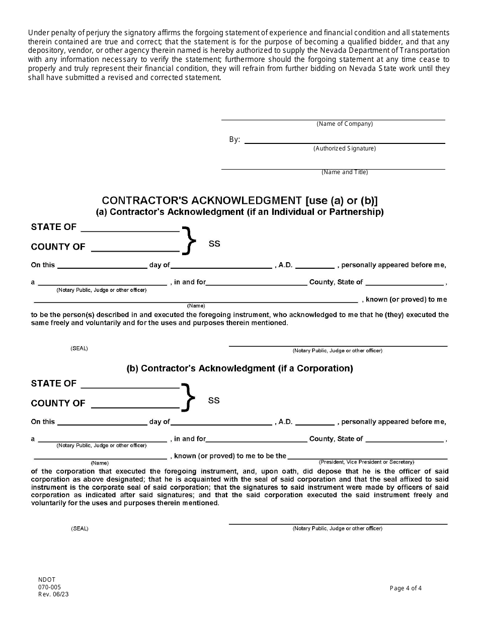 NDOT Form 070 005 Download Fillable PDF or Fill Online Contractor NDOT Form 070 005 Download Fillable PDF or Fill Online Contractor