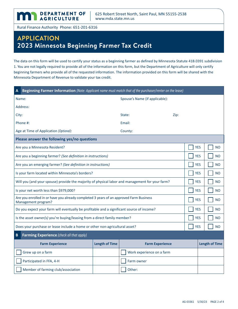 Form AG-03361 Minnesota Beginning Farmer Tax Credit Application - Minnesota, Page 2