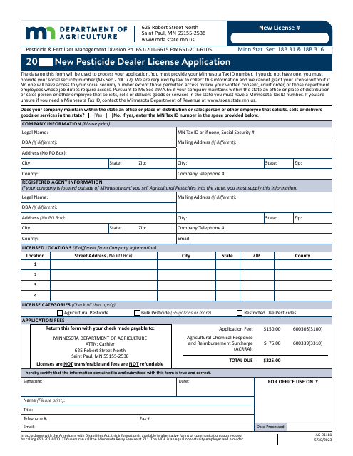 Form AG-01181 New Pesticide Dealer License Application - Minnesota