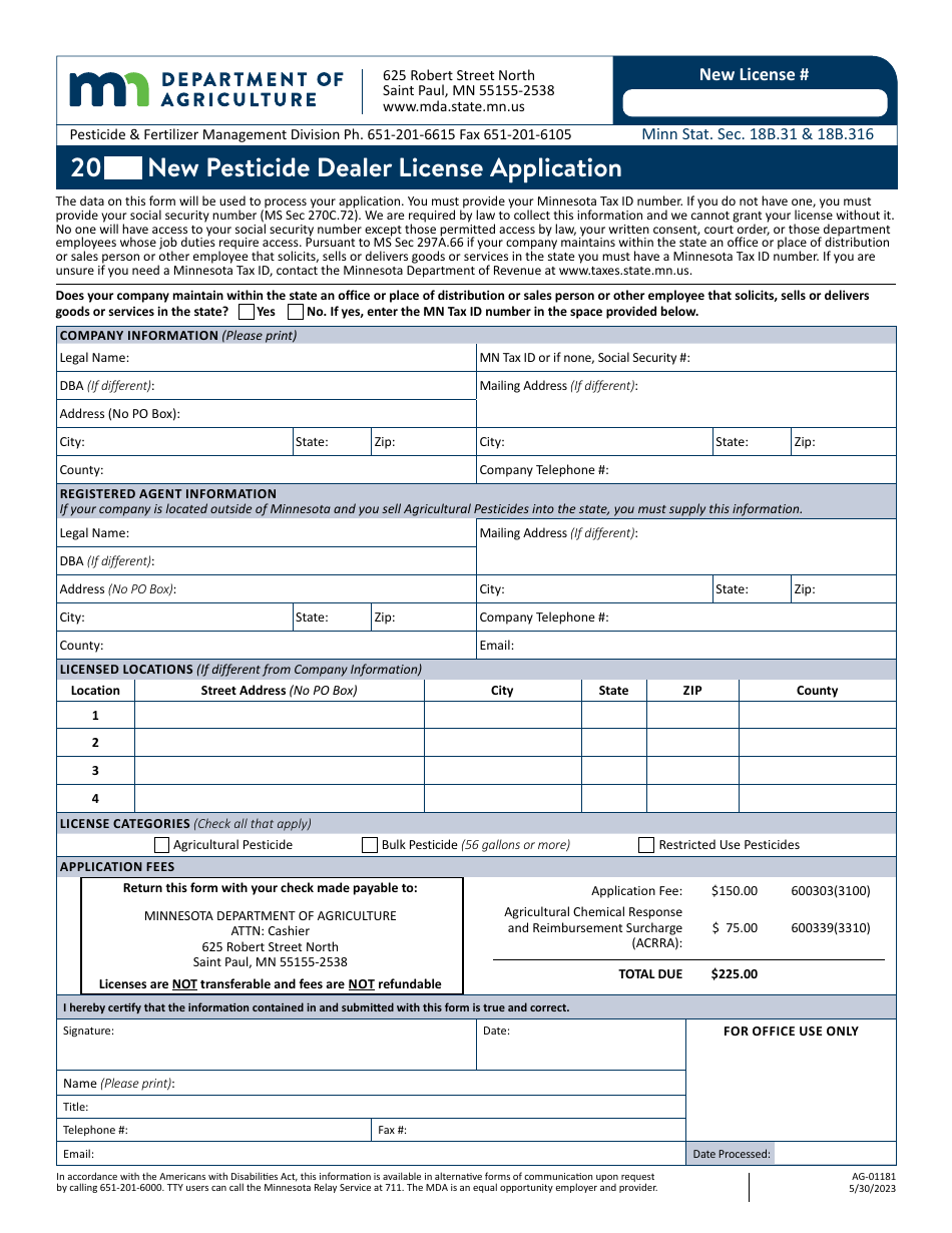 Form AG01181 Download Fillable PDF or Fill Online New Pesticide Dealer License Application