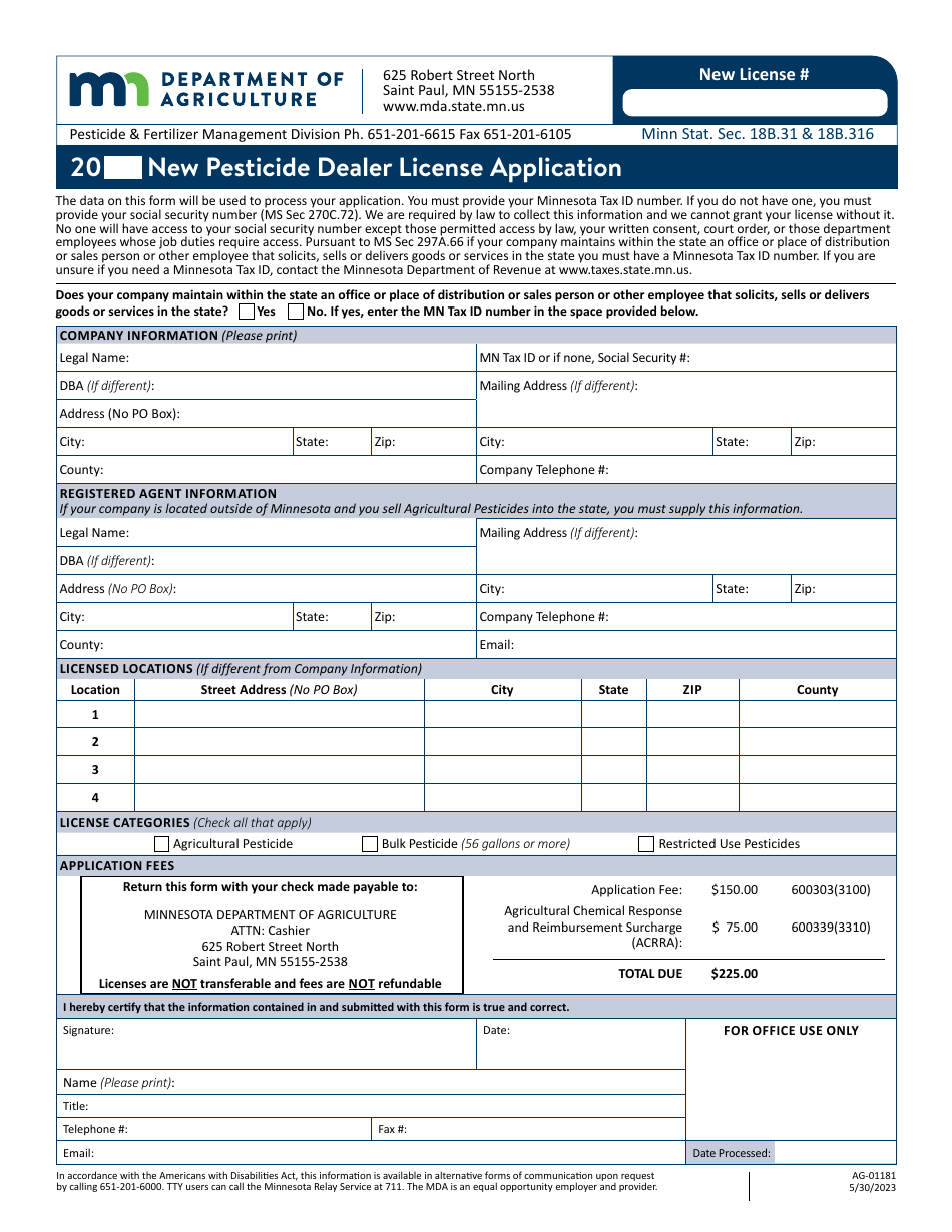Form AG-01181 New Pesticide Dealer License Application - Minnesota, Page 1