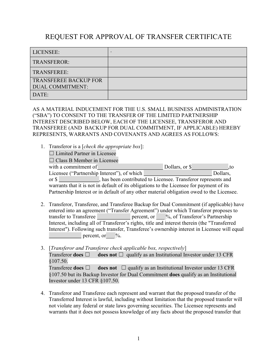 Request for Approval of Transfer Certificate, Page 1