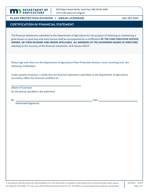Form AG04019 Certification of Financial Statement - Minnesota