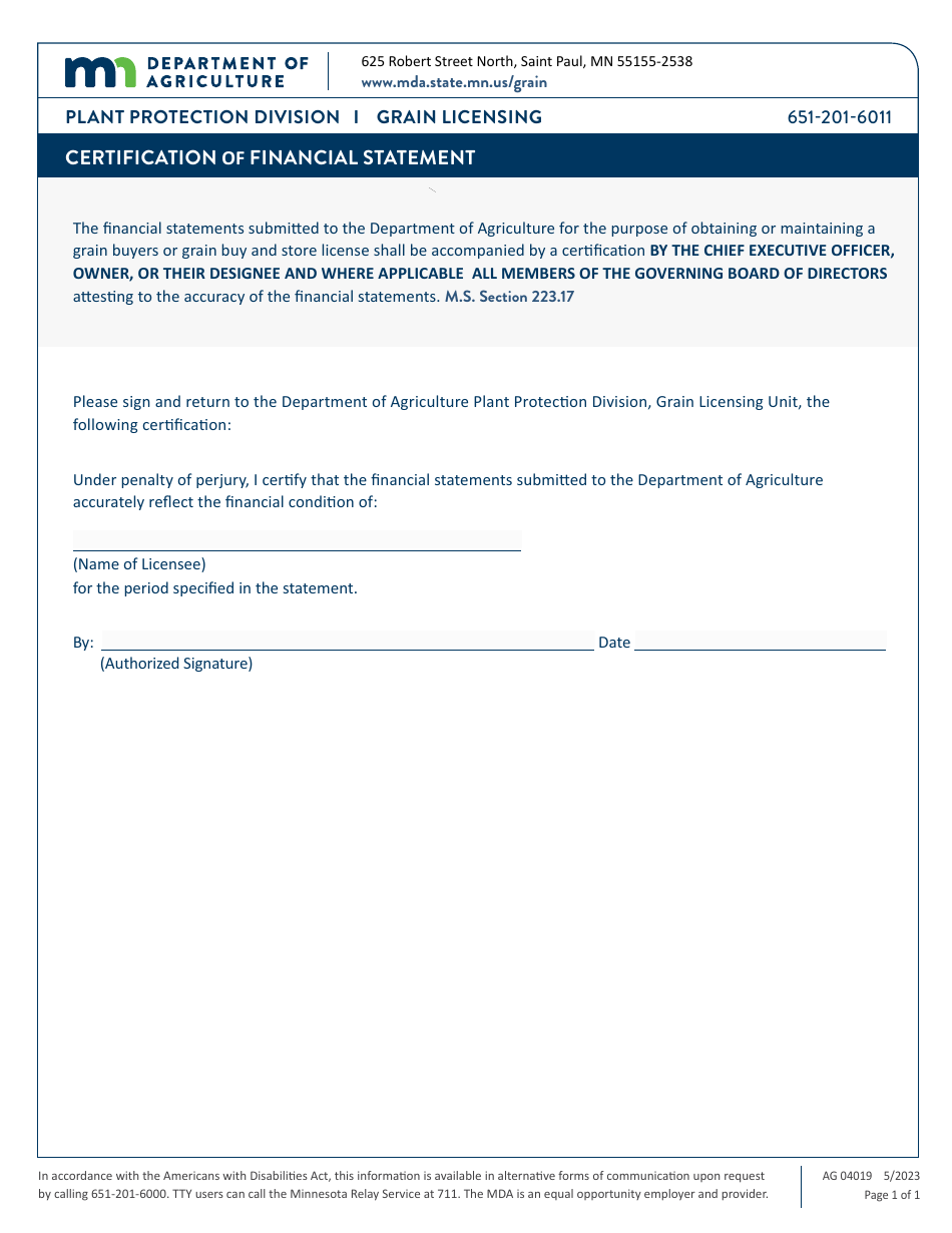 Form AG04019 Certification of Financial Statement - Minnesota, Page 1