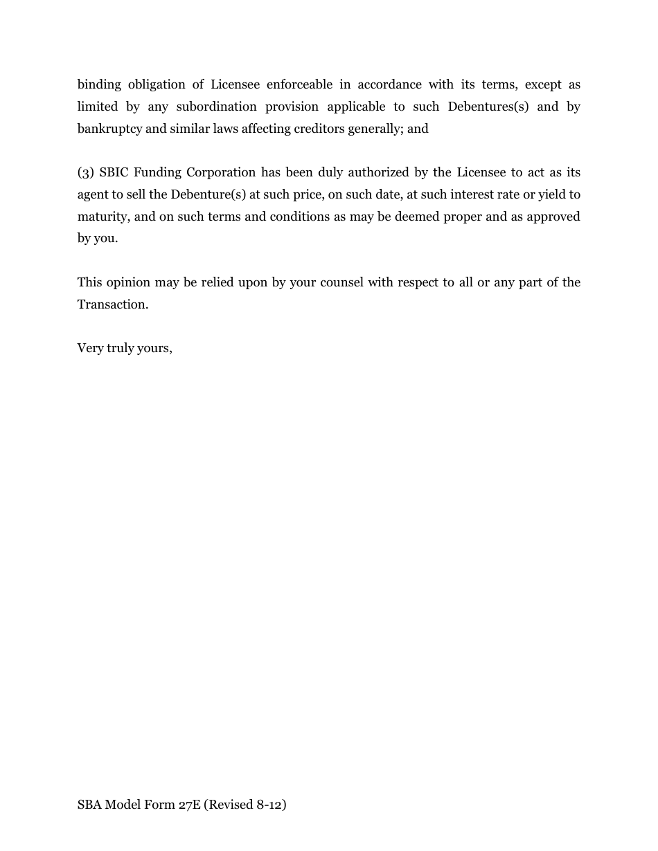 SBA Form 27E Model Opinion of Independent Counsel for Draw of Early Stage Discount Debenture Against Early Stage Debenture Commitment, Page 3