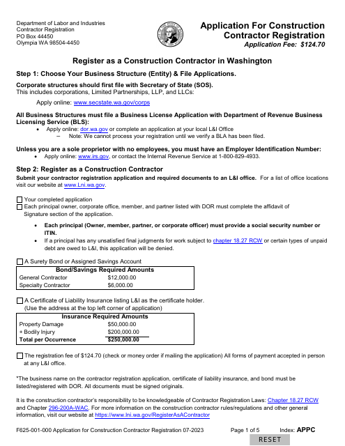 Form F625-001-000 Application for Construction Contractor Registration - Washington