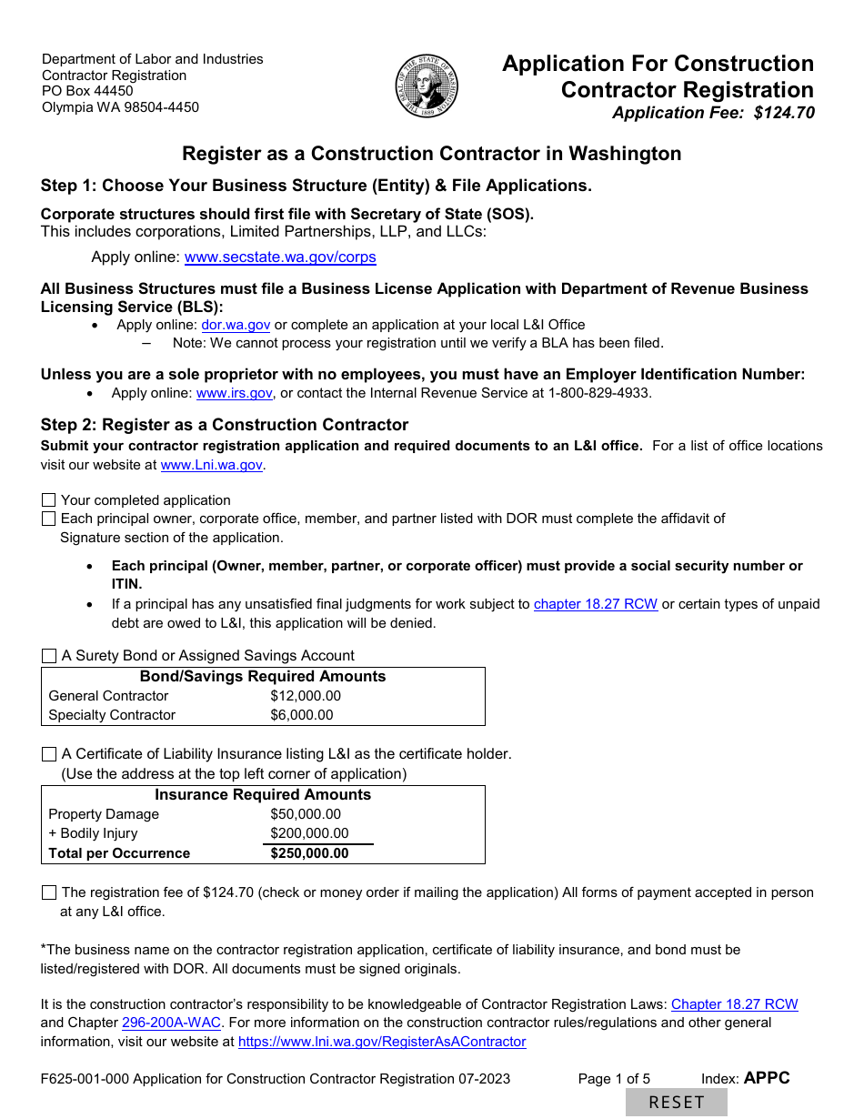 Form F625-001-000 Application for Construction Contractor Registration - Washington, Page 1