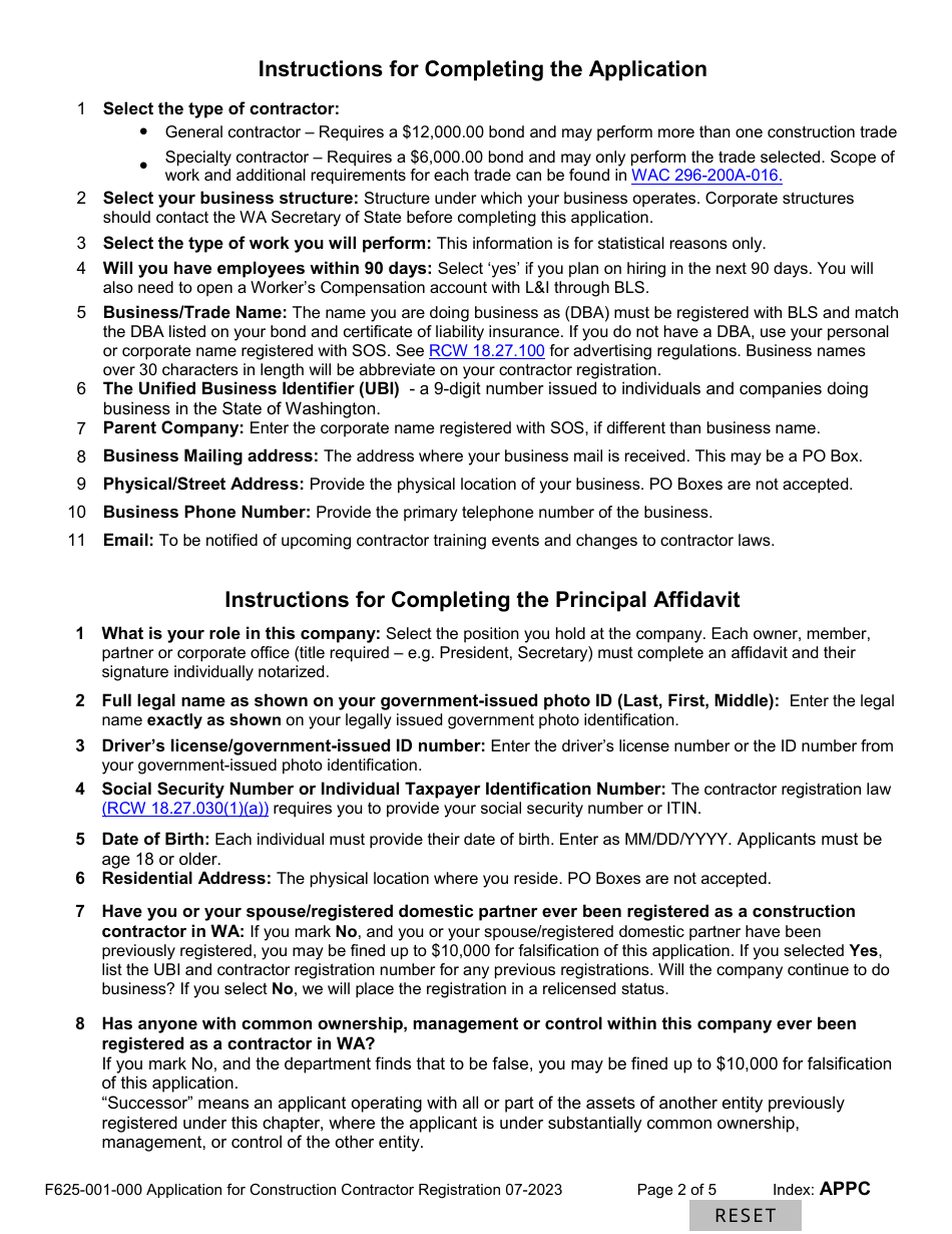 Form F625-001-000 Application for Construction Contractor Registration - Washington, Page 2