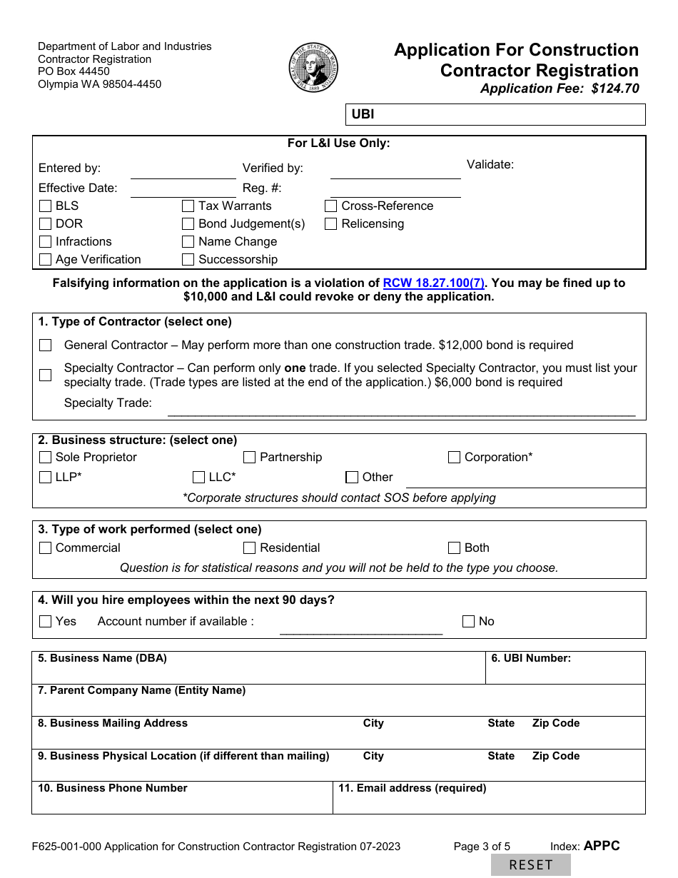 Form F625-001-000 Application for Construction Contractor Registration - Washington, Page 3