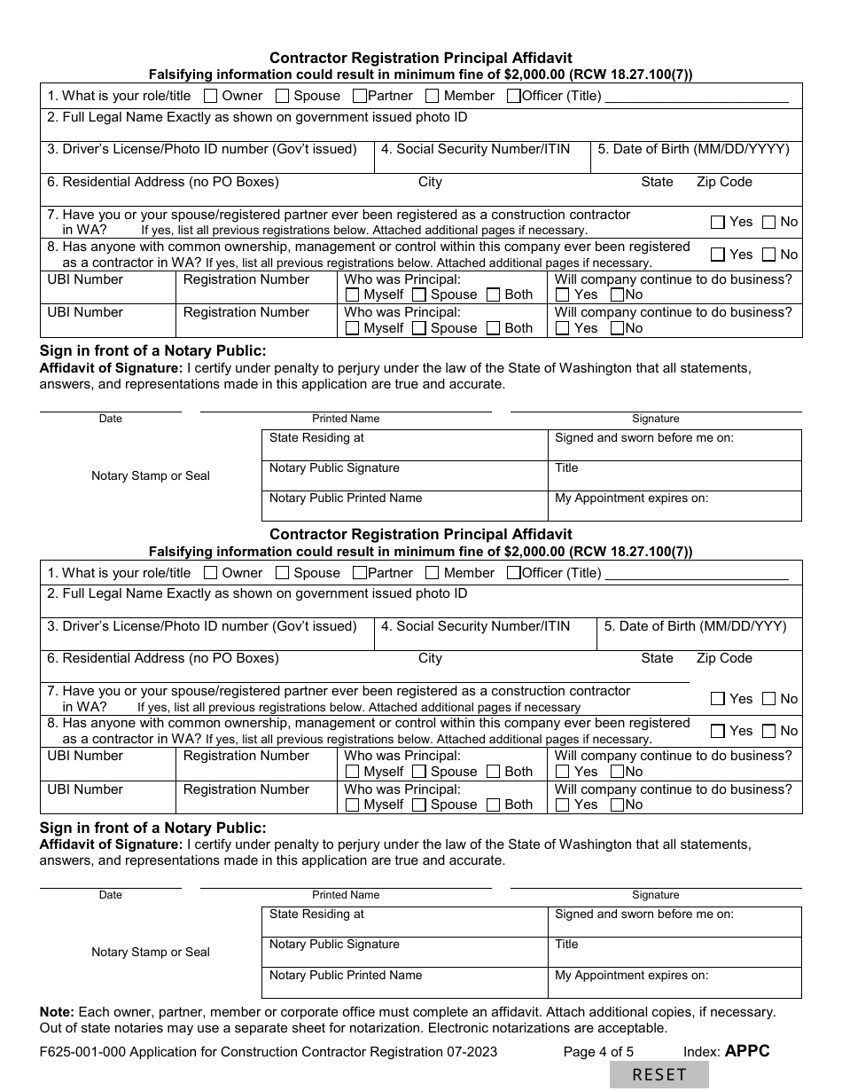 Form F625-001-000 Application for Construction Contractor Registration - Washington, Page 4