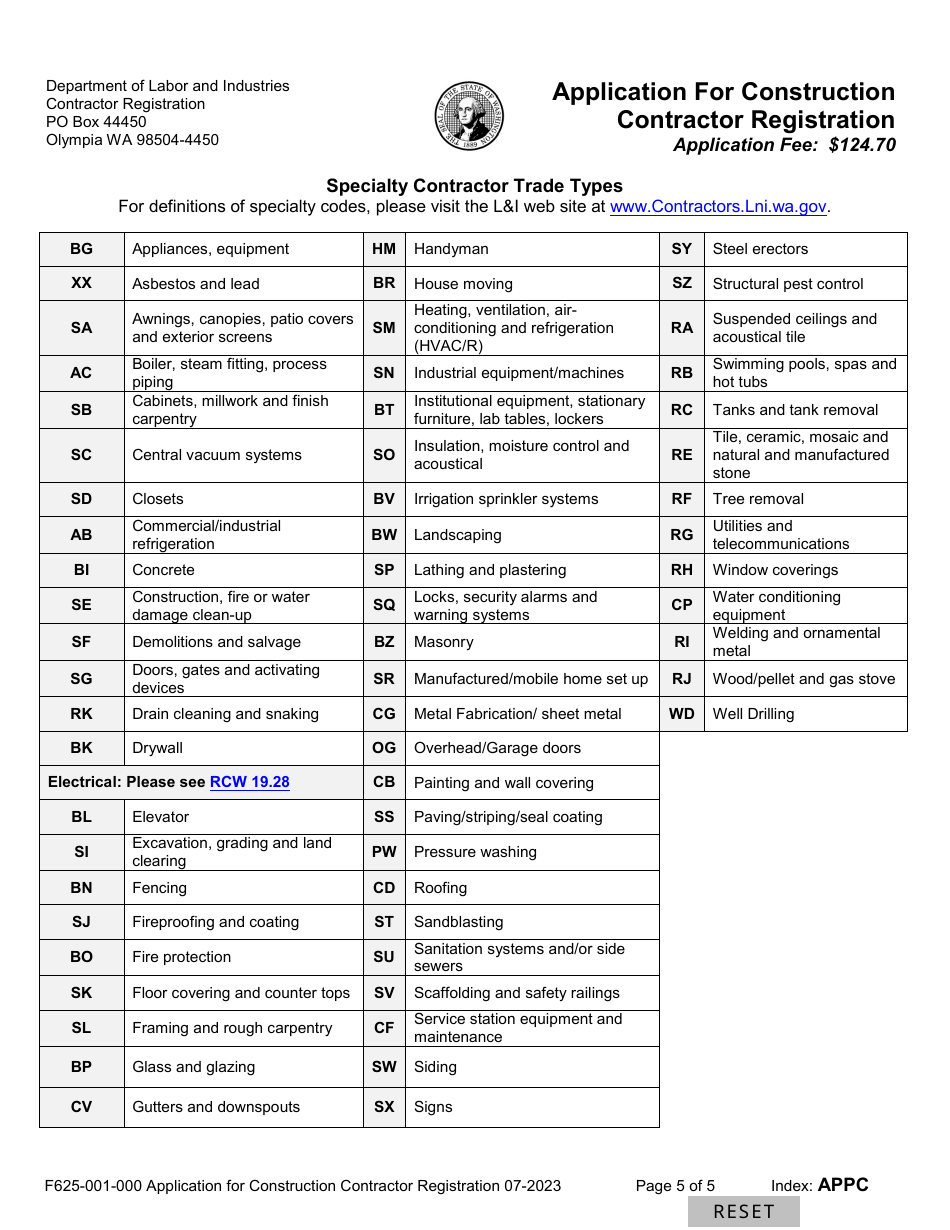 Form F625-001-000 Application for Construction Contractor Registration - Washington, Page 5